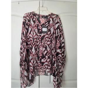 M Made in Italy Red Black Silk Blend Lightweight Oversized Poncho Blouse S NEW